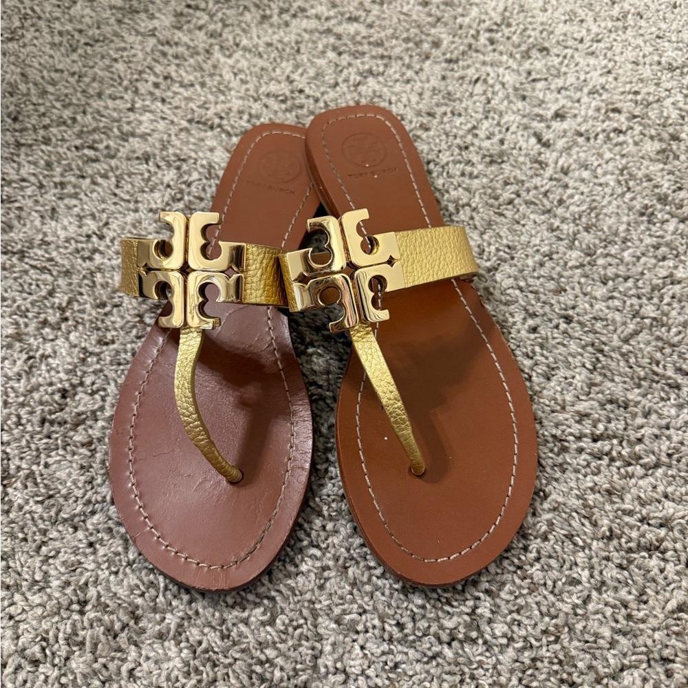 Tory Burch Gold Leather Logo Thong Sandals with Brown Footbed